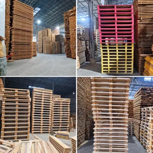 Empat foto tumpukan pallet kayu di bengkel produksi Rumpin