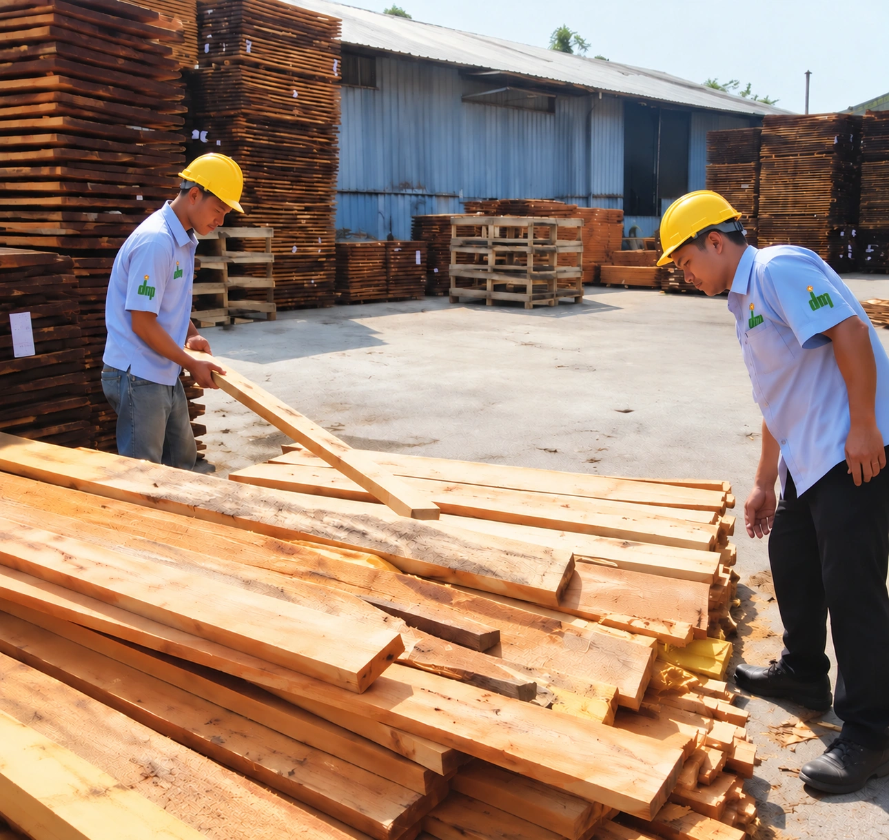 Dua pekerja memakai helm kuning memeriksa papan kayu di halaman bengkel