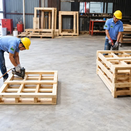 Dua pekerja memakai helm kuning merakit rangka pallet di lantai bengkel